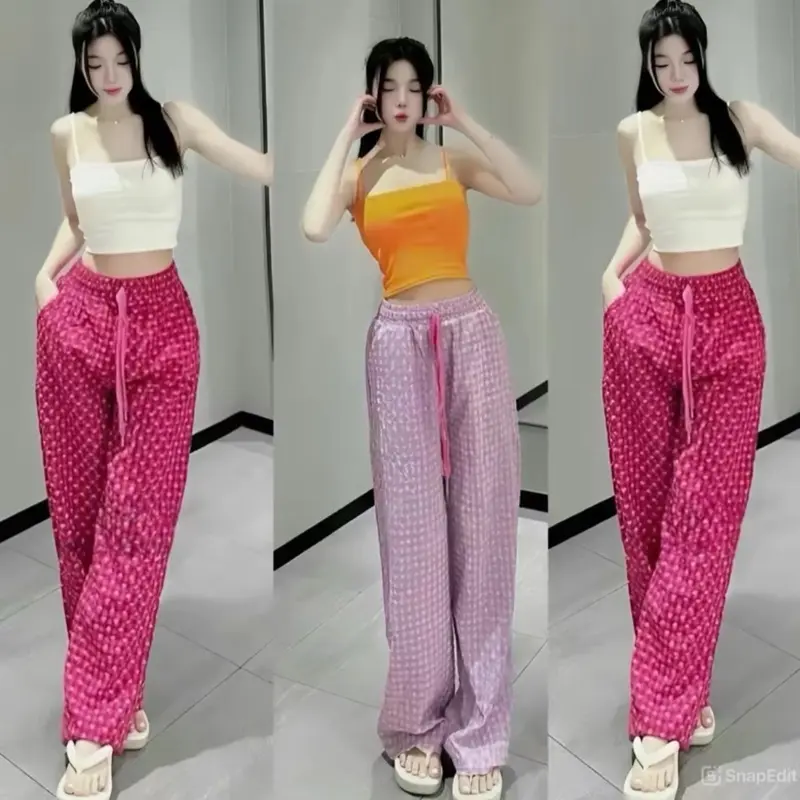 [Mẫu Hè] Quần nữ ống rộng chất thô nhăn in hình trái tim, nhẹ, mát dễ mặc Women Voi
