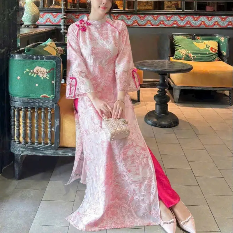 Áo dài cách tân tơ nến vân hoa hồng nhẹ nhàng - Áo dài Thúy Linh -OG -  Nữ Women Dress 3