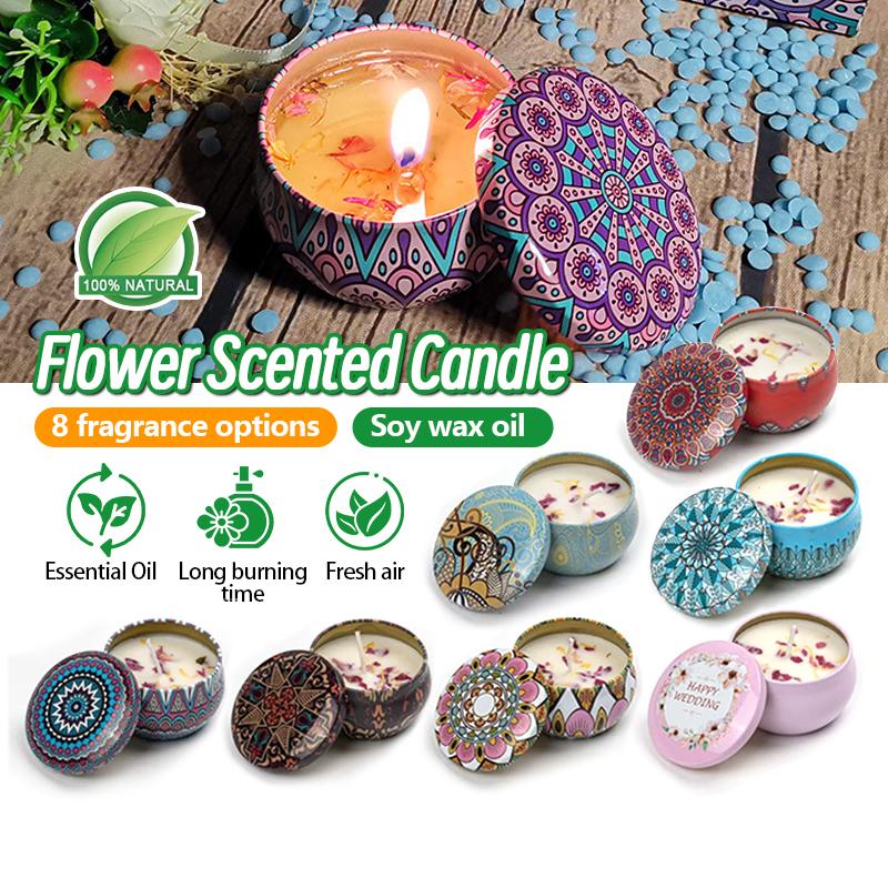 Hộp Nến Thơm Hoa Khô Thiên Nhiên Hộp Thiếc Hoa Văn Hương Dịu Nhẹ Decor Vintage (thổ Cẩm) Nến Nến Thơm Decor Phòng Trang Trí Nhà Dầu Thơm Món Quà tặng ngày lễ tình nhân