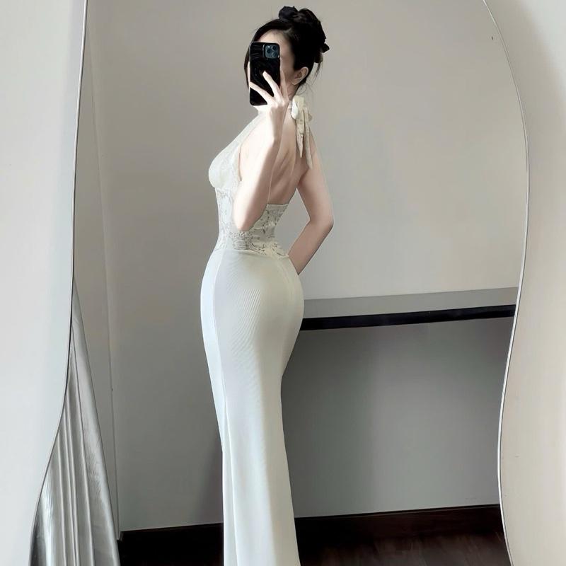 DARLING [L.Studio] Đầm dài cổ yếm phối Ren cao cấp SẴN MUSH ngực, thân váy thun đuôi cá tôn dáng 6