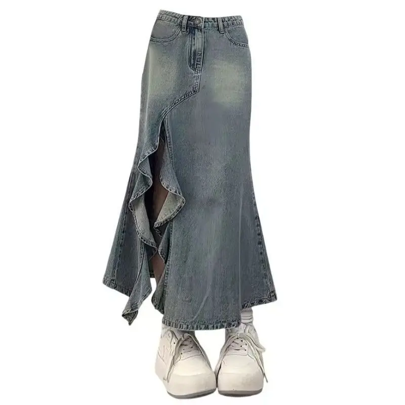 Chân Váy Denim Ren Xếp Nhún Màu Sáng, Cạp Cao, Dài Trung Bình Mùa Hè, Chân Váy Đuôi Cá Gợn Sóng, Dành Cho Nữ, Phong Cách Cô Gái Nóng Bỏng, 2024 Women Khuy