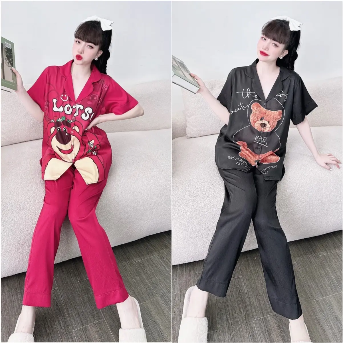 Đồ Bộ Lụa Xước Ánh Kim in 5D Bigsize 55-100kg - Tay ngắn quần dài - Quần Áo Nữ