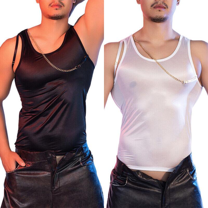 Men Tight Metal Chain Tank Top Silky Fitness Slim Top See Through Workout Vest 1