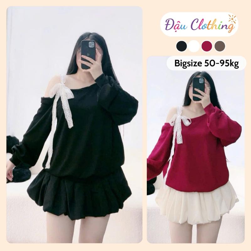 Set Áo Váy Bigsize Áo Sweater Trễ Vai Buộc Nơ Kèm Chân Váy Bí Cho Chubby Mặc Tết Noel SET931