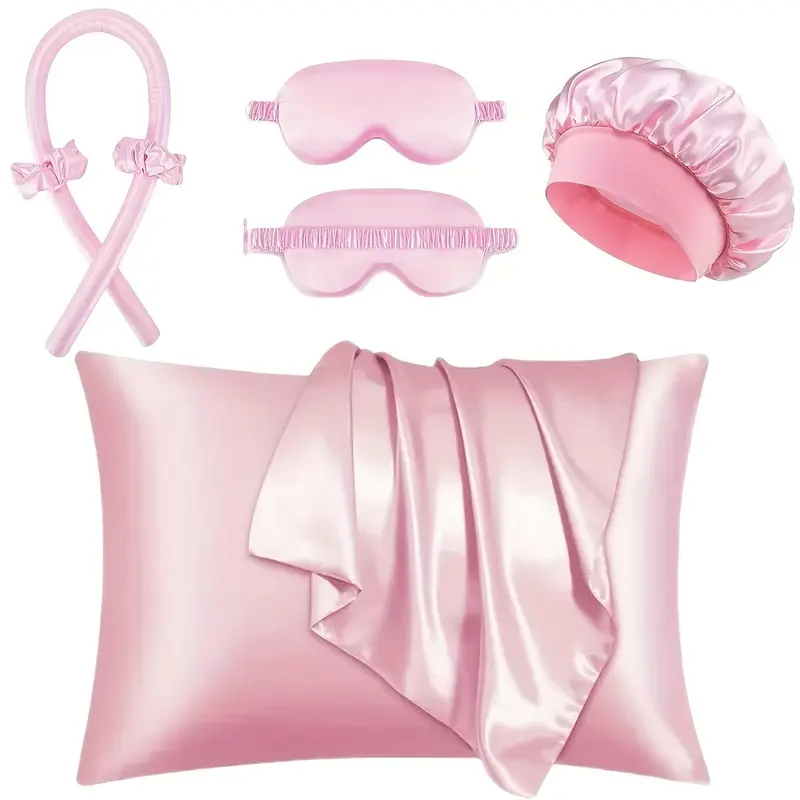 Professional Sleep Hair Care Set, 6 Counts/set Including 1 Hair Curler, 1 Pillowcase, 1 Sleeping Eye Mask, 2 Hair Tie, 1 Hair Bonnet, Hair Styling Tools, Heatless Curls, Heatless Curling Rod, Silk Bonnet 3