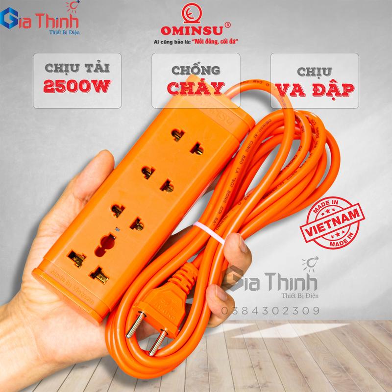 OMINSU ổ cắm điện chịu tải 2500W E2500C 3 hoặc 4 lỗ cắm dây dài 2.5m - 4.5m - 9m vỏ chống cháy chống vỡ