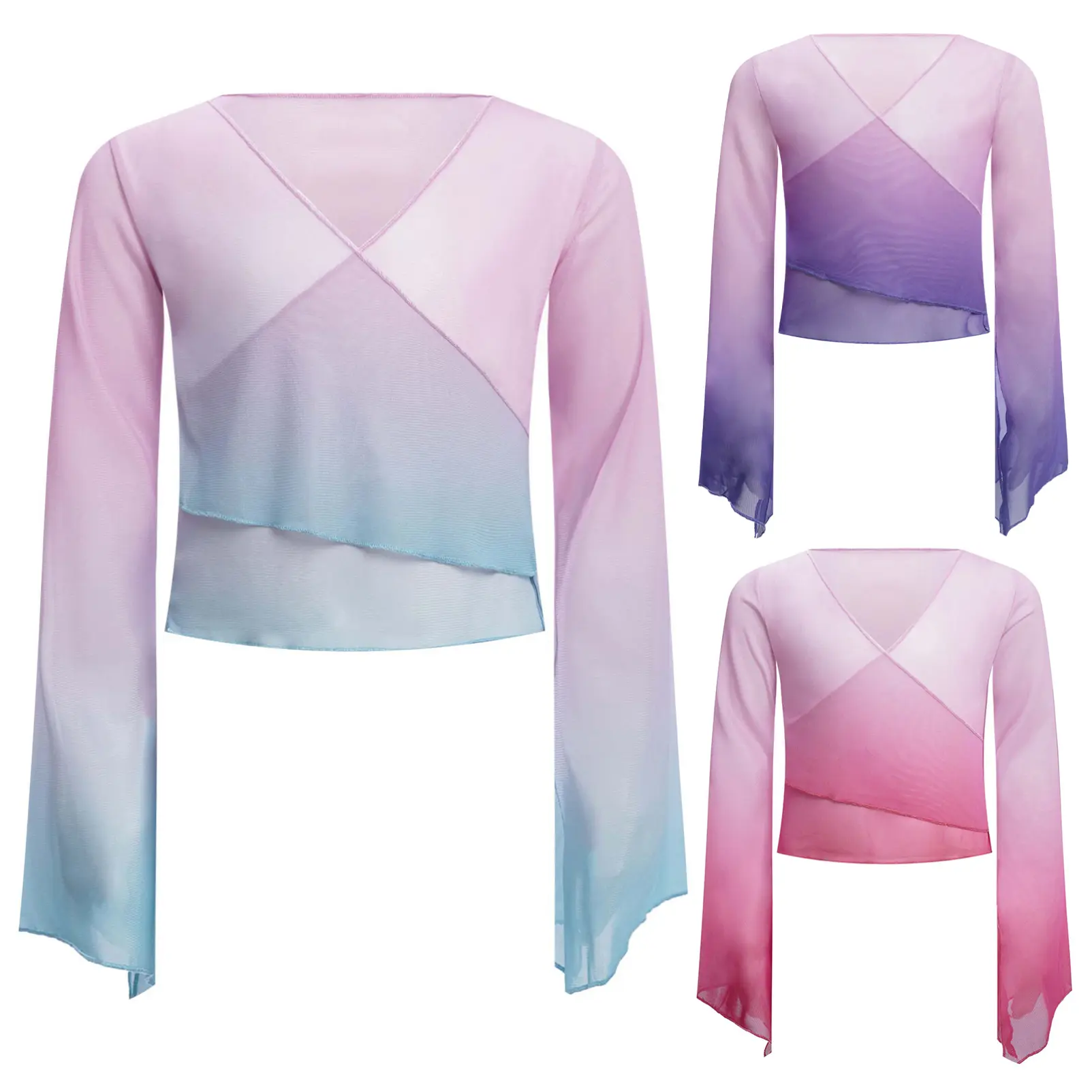CHICTRY Women's Classic Ballet Dance Wrap Tops Gradient Color Sheer Mesh Yoga Dance Tops Dancewear