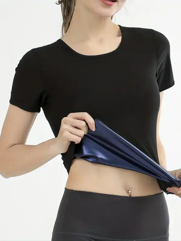 Women's Solid Round Neck Sauna Top, Summer Casual Comfortable Shaped Sports Tee for Exercise Yoga Workout Gym Top, Ladies Sportswear for Indoor Outdoor Wear 4