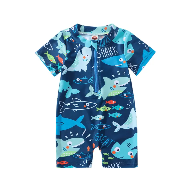Áo Tắm Mùa Hè, Cho Bé Trai, Phong Cách Thường Ngày In Hình Cá Mập, ngắn Tay, Áo Jumpsuit Quần Có Khóa Kéo, Đồ Bơi, Đồ Đi Biển 0