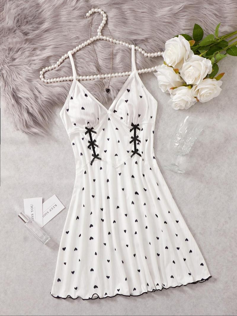 Product Introduction of Women's Heart Print Bow Front Lettuce Trim Cami Nightdress, Elegant Soft Comfortable Spaghetti Strap Backless Nightgown For All Seasons, Ladies Sleepwear For Daily Wear 6
