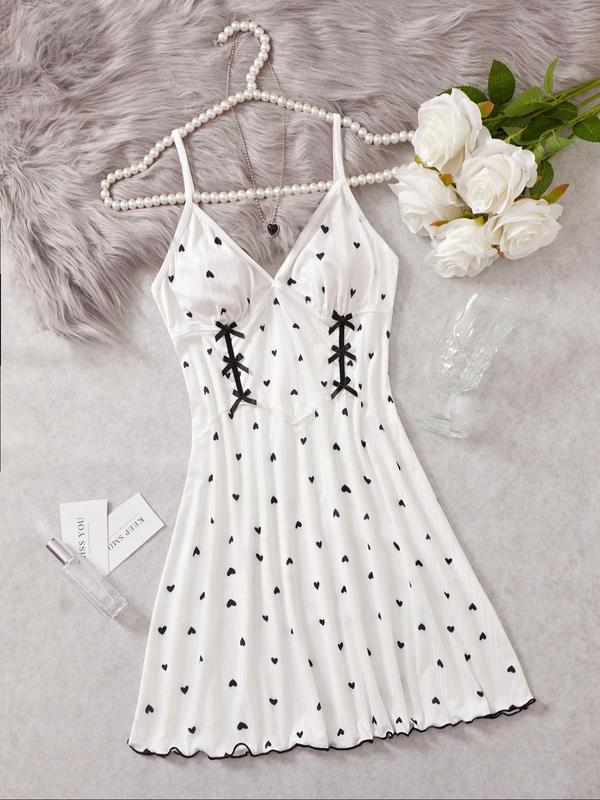 Women's Heart Print Bow Front Lettuce Trim Cami Nightdress, Elegant Soft Comfortable Spaghetti Strap Backless Nightgown For All Seasons, Ladies Sleepwear For Daily Wear 0
