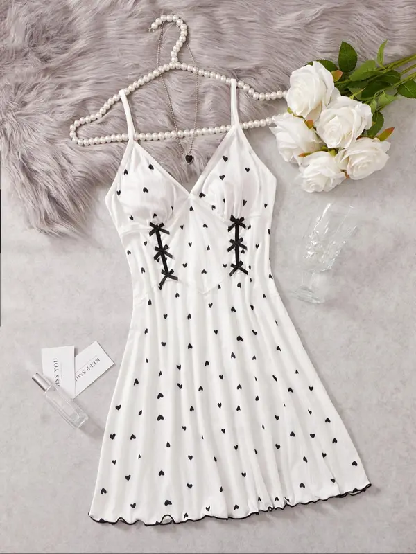 Women's Heart Print Bow Front Lettuce Trim Cami Nightdress, Elegant Soft Comfortable Spaghetti Strap Backless Nightgown For All Seasons, Ladies Sleepwear For Daily Wear 0