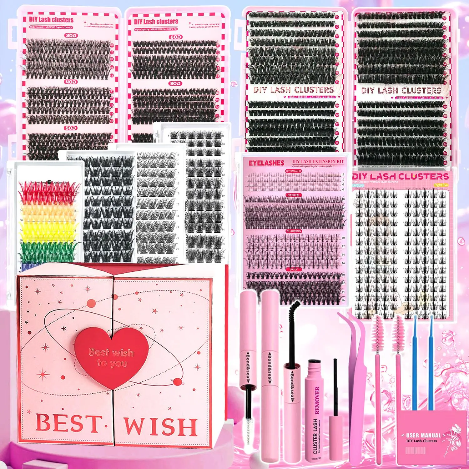 Mixed Color Individual False Eyelashes Kit, 1 Set Natural Look Lash Clusters, Wispy & Reusable Segmented False Eyelashes with Tools