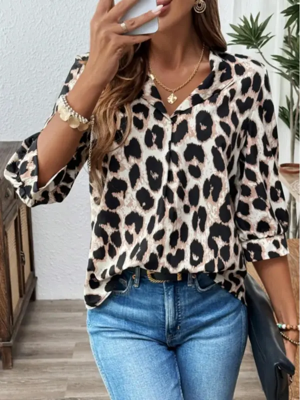 Women's Leopard Print 3/4 Sleeve Blouse, Elegant Top for Work Office Business, Ladies Clothes for Summer 2