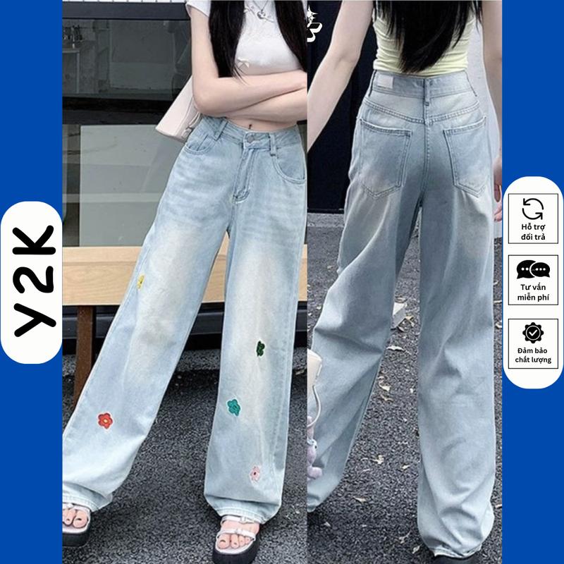(SUÔNG NẤM LÙN) QUẦN JEAN XUÔNG NỮ THÊU HOA NHIỀU MÀU SUÔNG ỐNG RỘNG CẠP LƯNG CAO CHO NẤM LÙN 9 Tấc 90cm Y2K Pants Women size xs suong theu jeans