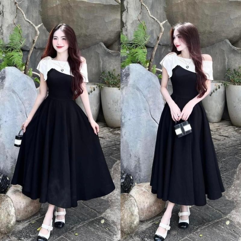   Hàng thiết kế  Váy Thiết Kế Lệch Vai Dáng Dài Kèm Tag Hoa Đá Cao Cấp Women  Dress Chất liệu: Cotton Lạnh 2 lớp Full size S,M,L,XL MeiHouseVN 