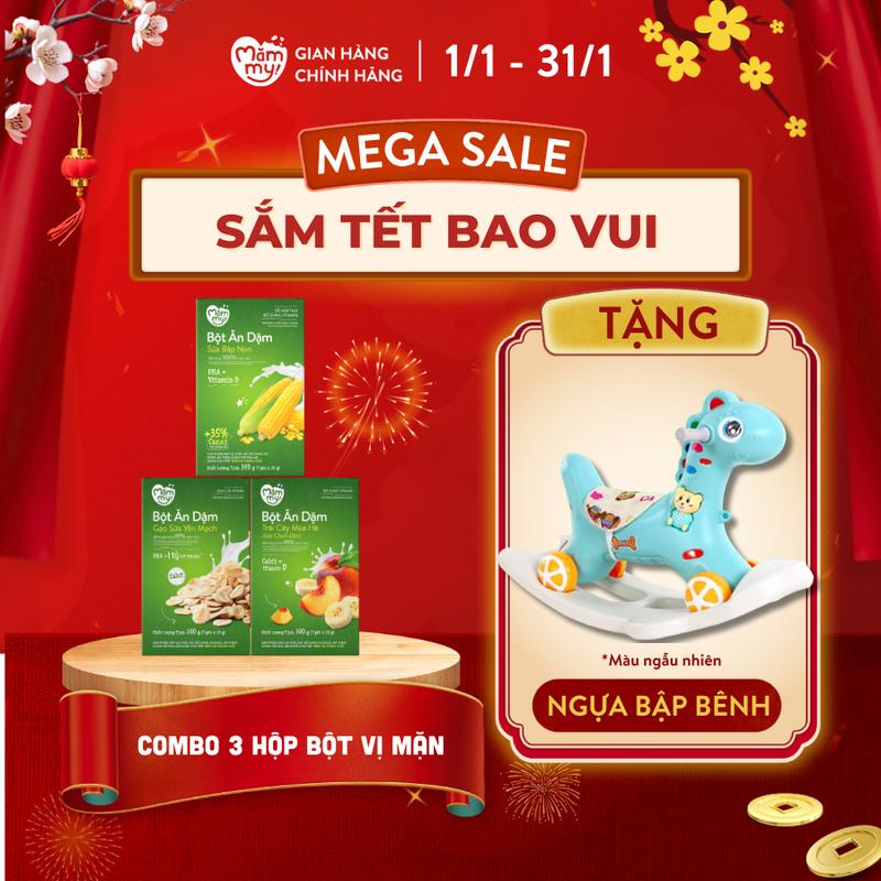 LS [Tặng NGỰA BẬP BÊNH ] Combo 3 bột ăn dặm Mămmy vị: (yến mạch, trái cây, bắp non) hoặc (thịt bò, sườn heo, gà hầm) giàu vitamin, bổ sung chất xơ cho bé