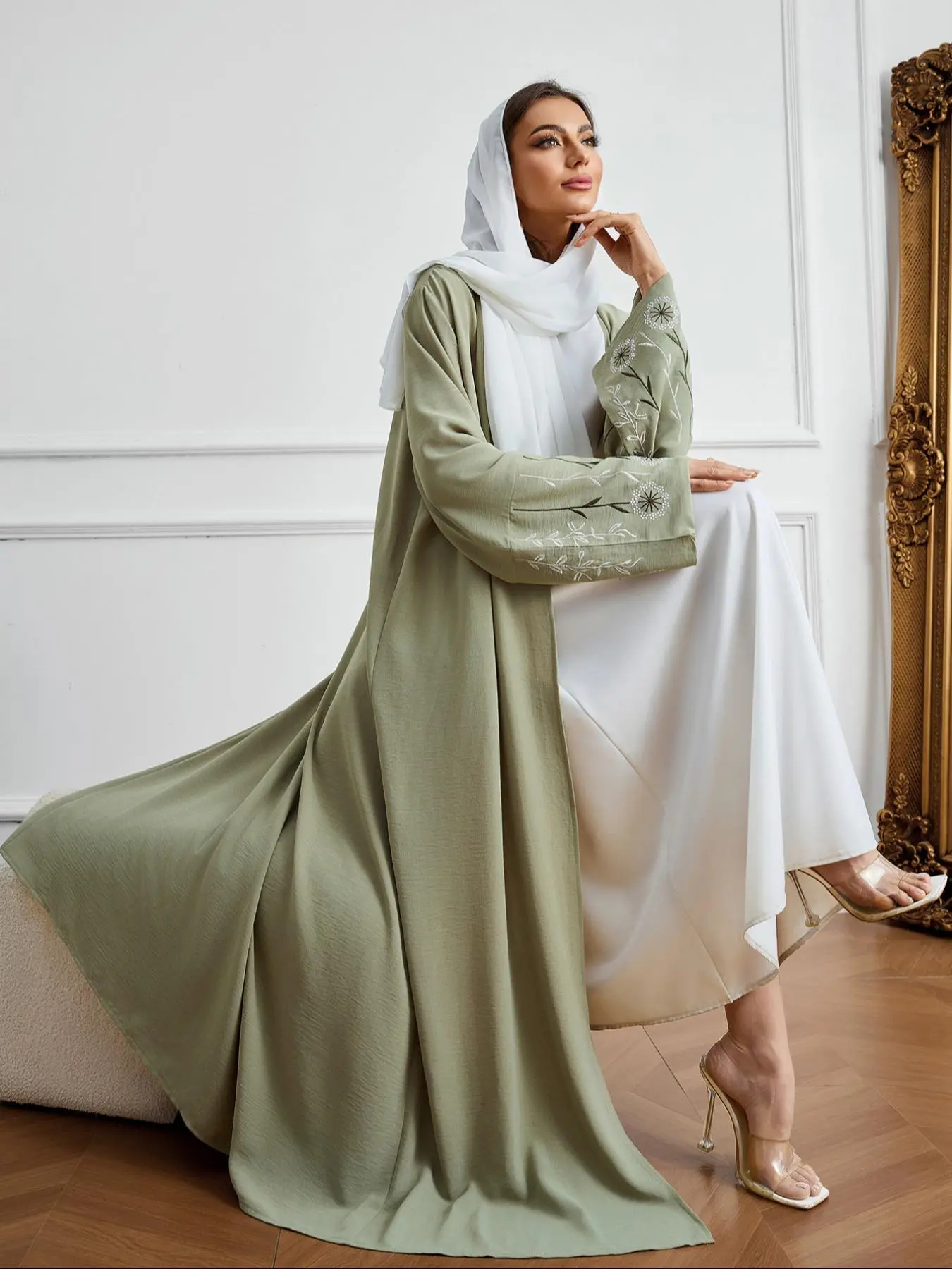 Women's Floral Embroidery Abaya, Modest Chic Long Sleeve Open Front Abaya for Daily Wear, Loose Fit Ladies Islamic Clothing for All Seasons