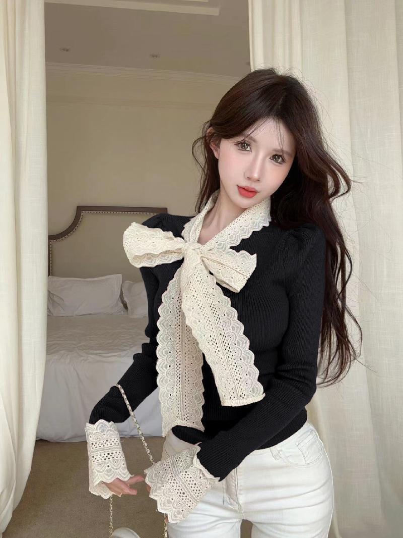 Product Introduction of Áo Len Dệt Kim, Phong Cách Cổ Điển Giáng Sinh, Thiết Kế Thắt Nơ Dành Cho Nữ, Thích Hợp Cho Mùa Thu Và Mùa Đông, Có Lớp Nền Ren, Có Thể Mặc Bên Trong, Áo Tay Phồng Áo Màu Đỏ Giáng Sinh 13