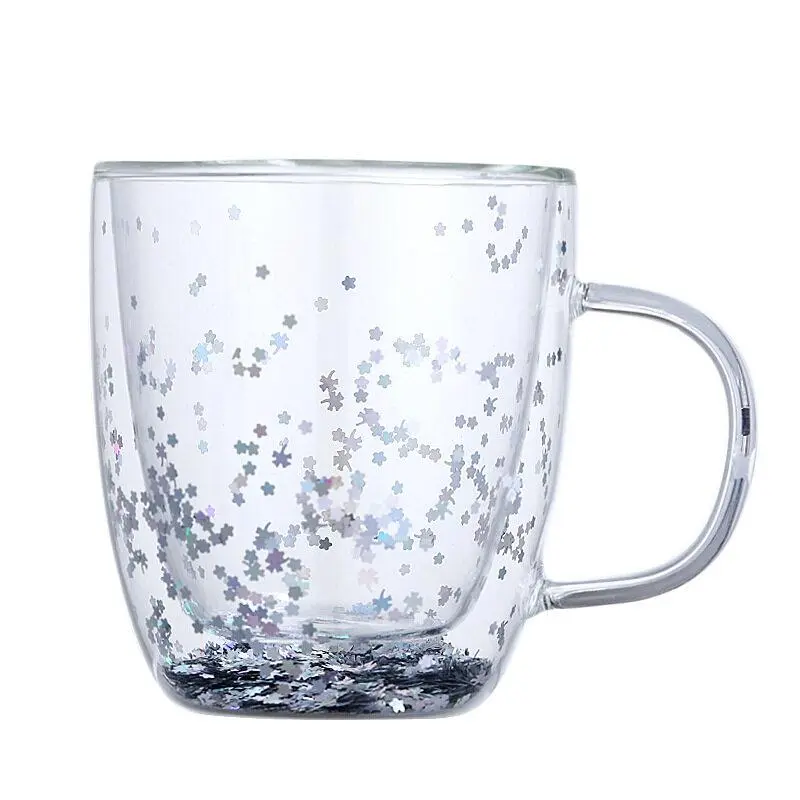 Cốc Thủy Tinh Hai Lớp, Dung Tích 350ml, Chịu Nhiệt, Thiết Kế Bầu Trời Đầy Sao Kim Sa, Cách Nhiệt Sáng Tạo, Thích Hợp Cho Nước Ép Trái Cây, Đồ Uống, Cà Phê, Sữa, Cốc Thủy Tinh