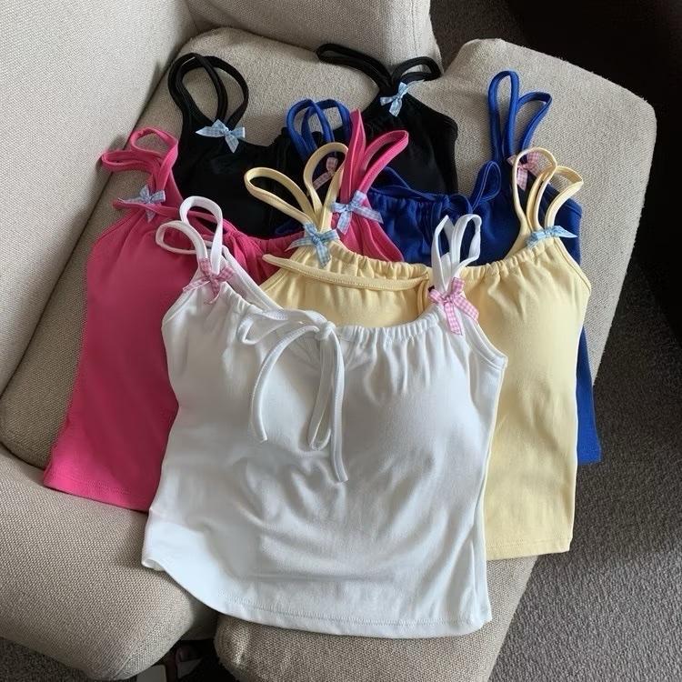 Có Size Áo hai dây kiểu đính nơ caro nhỏ sẵn đệm mút siêu cưng màu pastel Hàn dáng babytee dây rút Deve1995