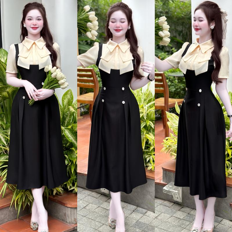 [FREESHIP] B22- Đầm thiết kế giả yếm cổ phối BÈO NƠ dáng xếp ly chiết eo,vải TÂY mềm mịn, Sang Xinh đi tiệc đi chơi, đi làm, đủ size SMLXL-Mijustore Nữ Women Kem Dress Đen váy  tiệc