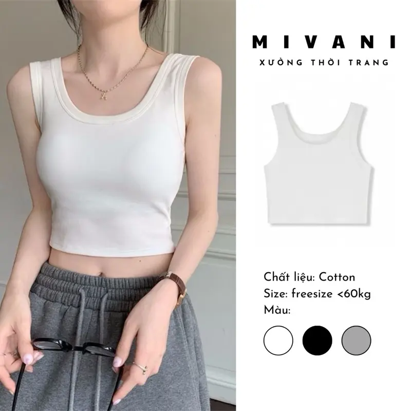 ￼Áo Croptop 3 Lỗ Sát Nách Body Nữ MIVANI Vải Thun Mềm Mịn Co Giãn, Áo Thun Ba Lỗ Nữ Mùa Hè Form Croptop Ôm Body Sát Nách