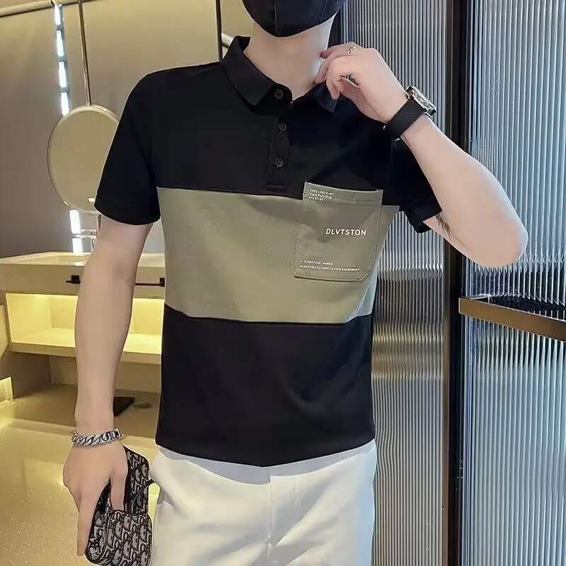 Áo Polo Nam, ngắn Tay, Dáng Ôm, Cổ Áo bẻ xuống, Tay Lửng Màu Khối, Thiết Kế Túi, Hợp Xu hướng, Phong Cách Mùa Hè, Trang Phục Nam 2