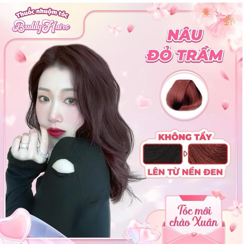 Thuốc nhuộm tóc NÂU ĐỎ TRẦM không cần dùng tẩy tóc của Buddyhairs tặng kèm găng tay mũ trùm trợ nhuộm tiện ích