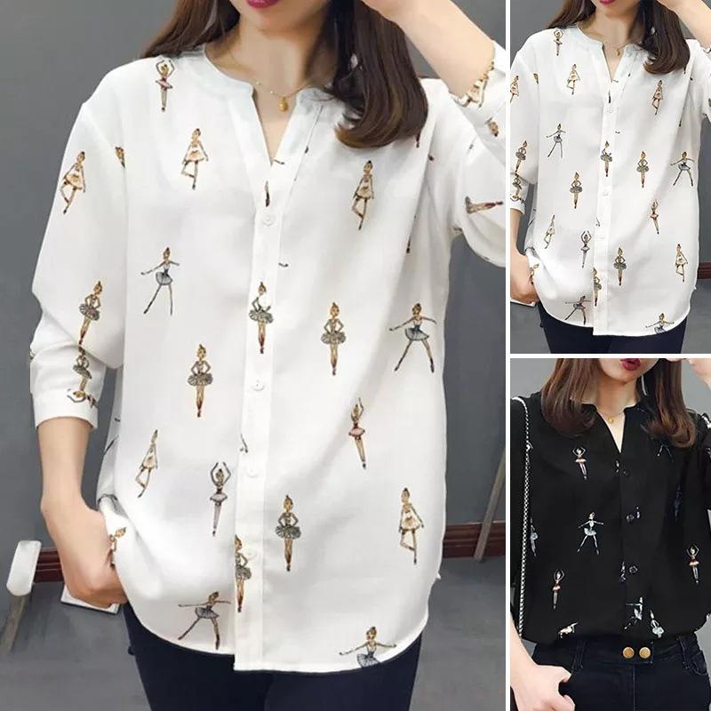 Product Introduction of Women's Human-Shaped Printed Shirt Long-Sleeved Summer Tunic Casual Shirt 1