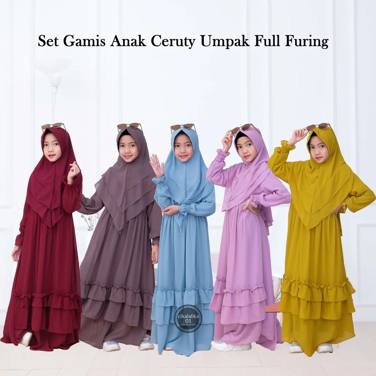 Gamis Anak Perempuan Set Hijab 2024 Umpak Ceruty Armany - Baju Muslim Dress Syari Lebaran Khimar-cikalalika01 - Ibu, Kerudung