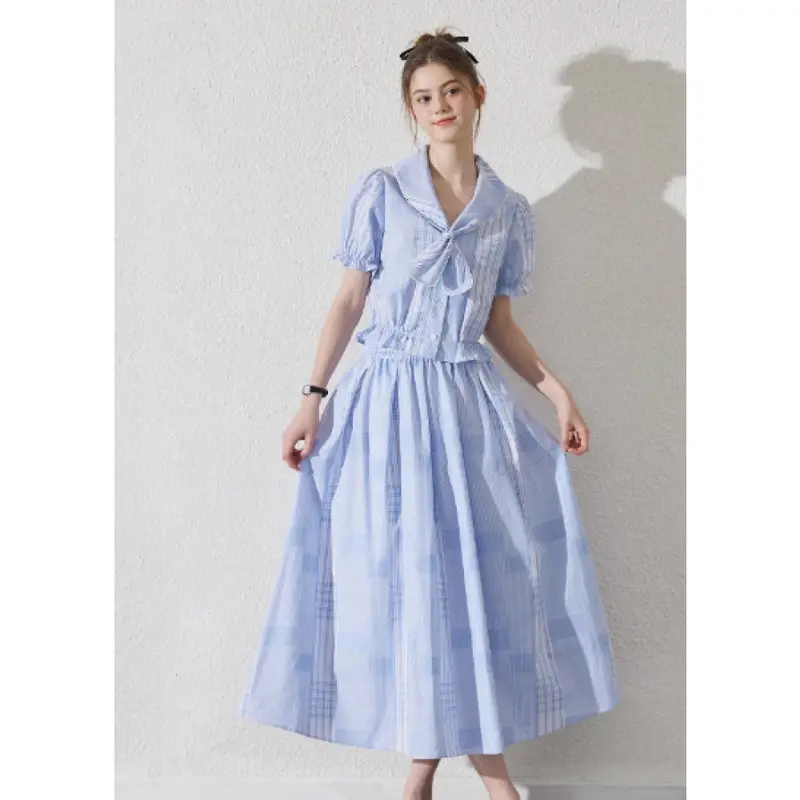 CHICMORE Kemeja kerah busur berwarna rok maxi setelan biru muda - Shop ...