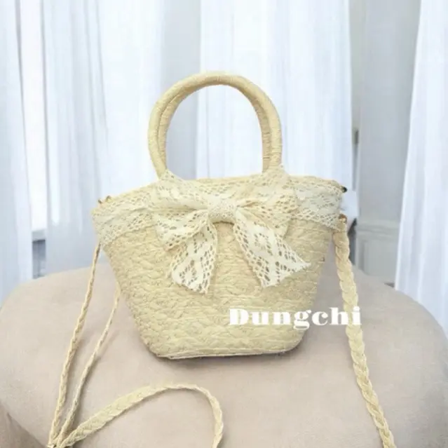 Combo Túi cói nhỏ đeo chéo nơ ren + mũ vành nhỏ nơ ren 3