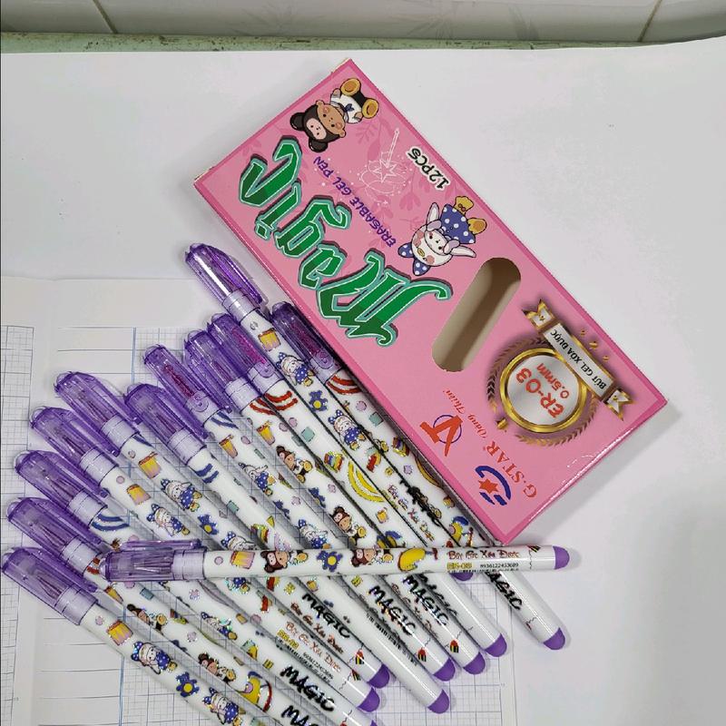 Hộp 12 cây gel xoá  GSTAR  ER03, và  ER06 thân tròn mực tím tươi,  Ngòi kim cương, bút viết êm,  phù hợp với học sinh tiểu học,  bút xóa được