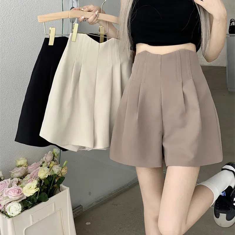 Women's Summer Black Wide-Leg Pants Women's High Waist Outer Wear Slim Fit Tender Waist Shorts A- line Casual Hot Pants Womenswear Bottom hand wash brown