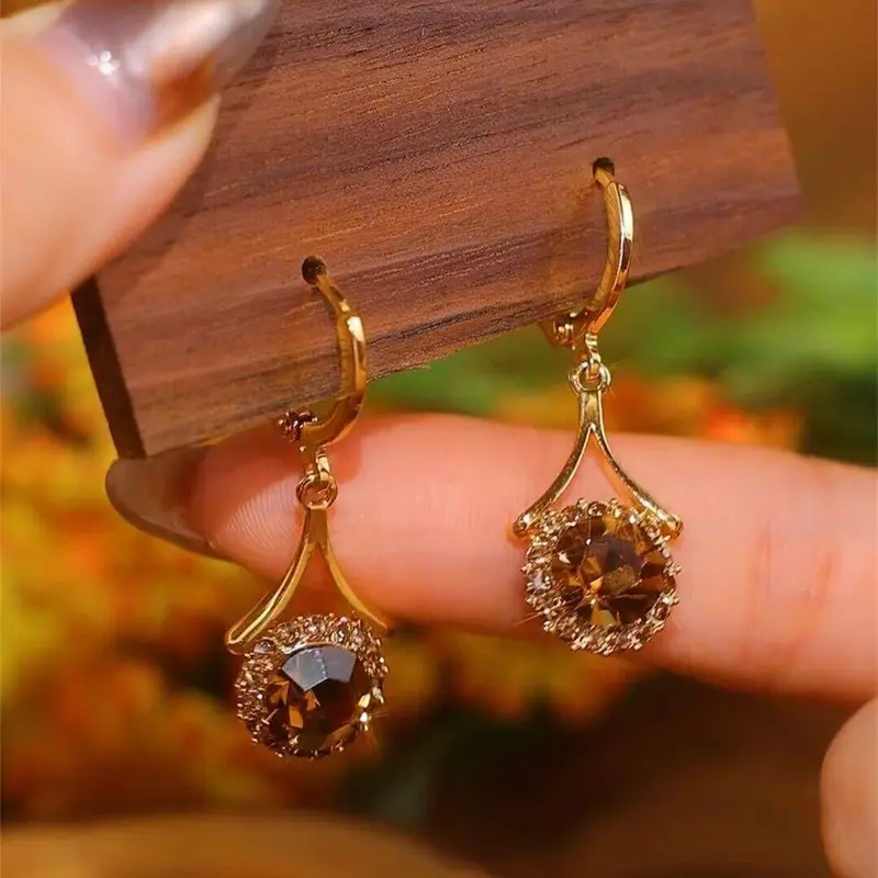 Khuyên Tai Tròn Màu Nâu, Đính Đá Tròn, Dành Cho Phụ Nữ Và Trẻ Em Gái, Khuyên Tai Thả Cổ Điển Thích Hợp Cho Tiệc Cưới, Phụ Kiện Tai Tốt Lành # Bông Tai Thời Trang # Bông Tai 1