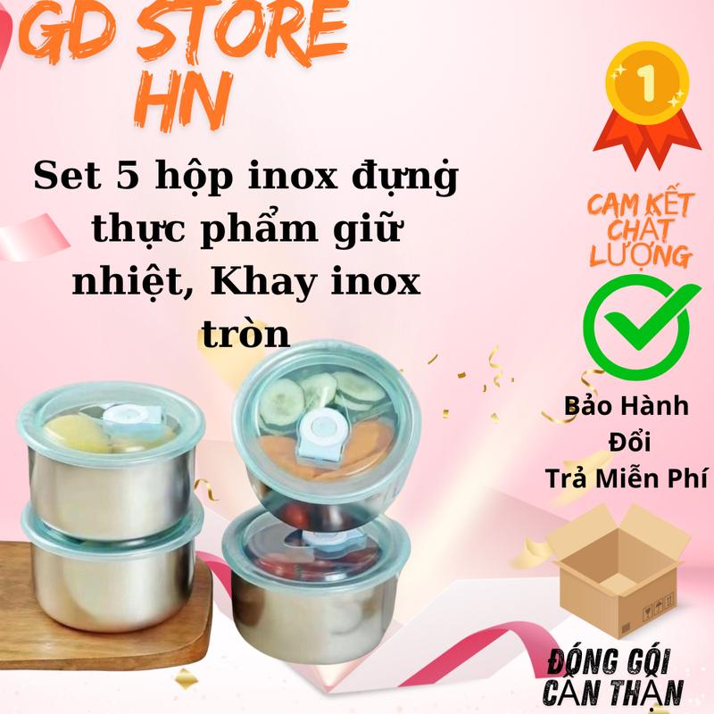 ￼Set 5 hộp inox đựnġ thực phẩm giữ nhiệt, Khay inox tròn, Hộp nhựa đựnġ thực phẩm có nắp đậy