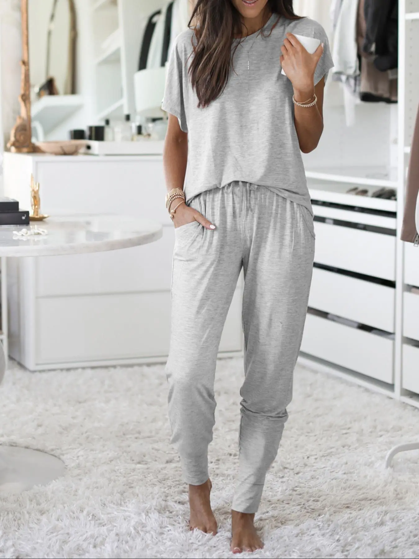 Women's Solid Color Batwing Sleeve Tee & Drawstring Waist Pants Loungewear Two-piece Set, Casual Comfy Round Neck Top & Trousers Pj Set, Ladies Sleepwear for All Seasons