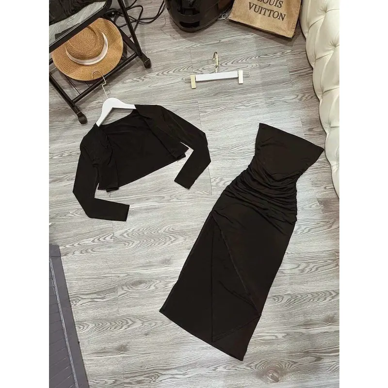 Set bộ nữ đầm ống cúp ngực kèm áo khoác tay dài chất thun gân Kem Top Women Ong 2
