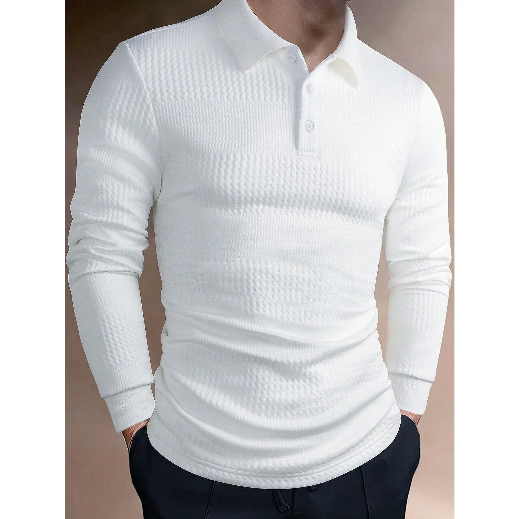 Manfinity Homme Men Solid Collar Long Sleeve Plain Polo Shirt, For Work Fabric Menswear