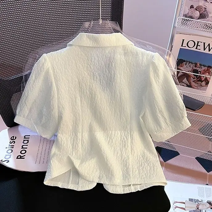 Áo Sơ Mi Co Giãn Mềm Mại, Phong Cách Trung Quốc Mới, Áo Ngắn Nhỏ Cổ Điển Jacquard ngắn Tay Áo, Áo Voan, Thích Hợp Cho Mùa Hè, Áo Sơ Mi Nhỏ Giấu Kín, Dành Cho Nữ, 2024 3