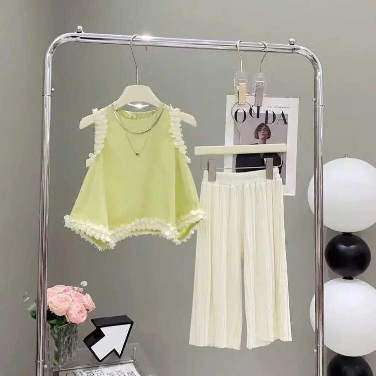 Bộ Đồ Phong Cách Phương Tây Mùa Hè Cho Bé Gái, Áo Cánh Cổ Ren Bất Đối Xứng Cho Bé Gái, Phong Cách Hàn Quốc, Ống Rộng, Thích Hợp Cho Trẻ Em, Phong Cách Ngọt Ngào, Người Nổi Tiếng Trên Internet, 2024