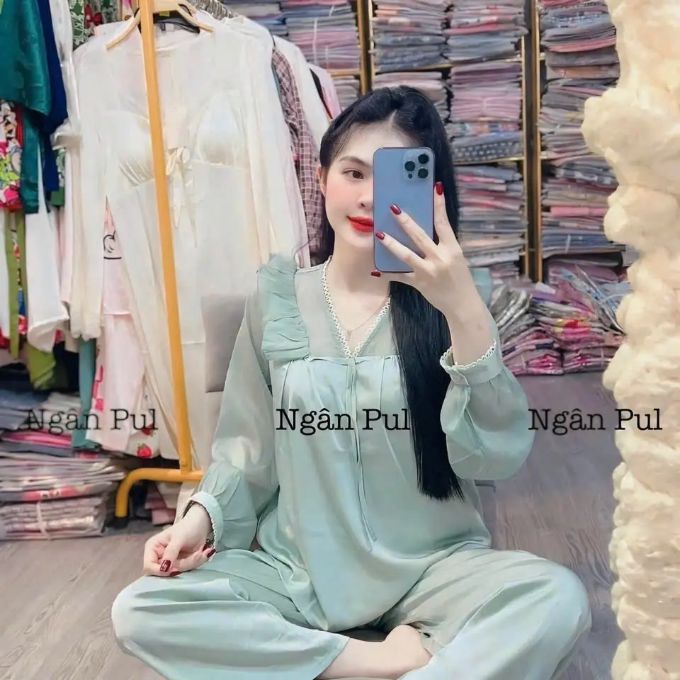 Set bộ pijama lụa xước phối tơ tay bồng siêu hot, bộ ngủ lụa phối ren mặc nhà tay dài sang chảnh