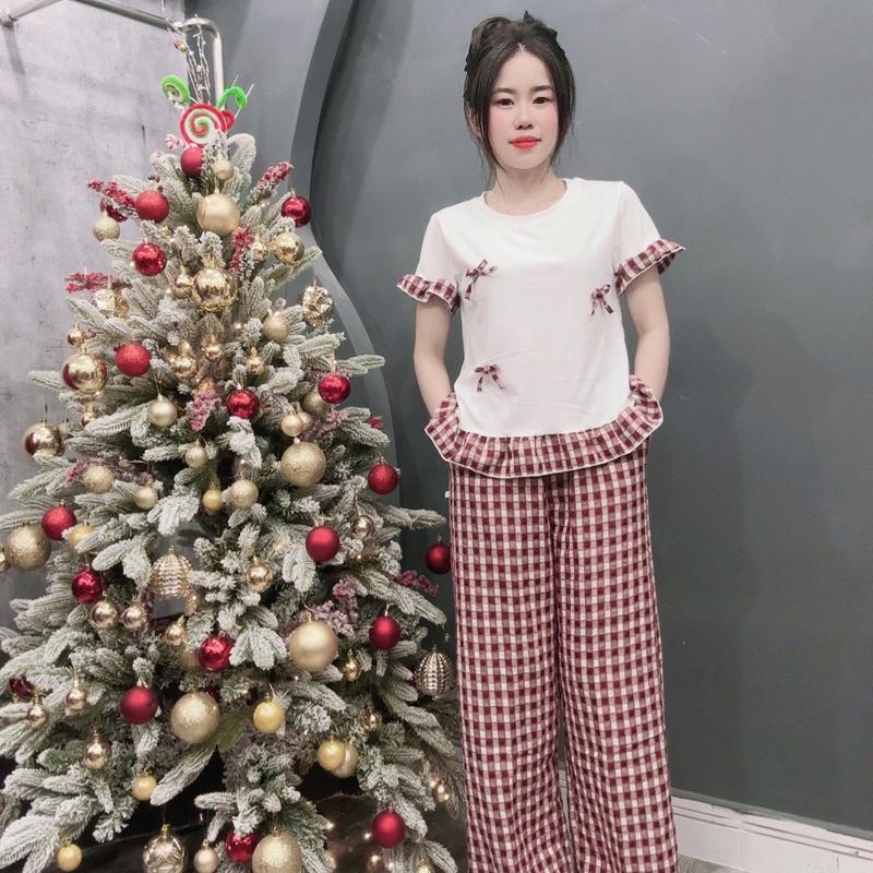 Sét bộ áo xoè bèo phối quần suông caro nhung thời trang  Women Nữ 8
