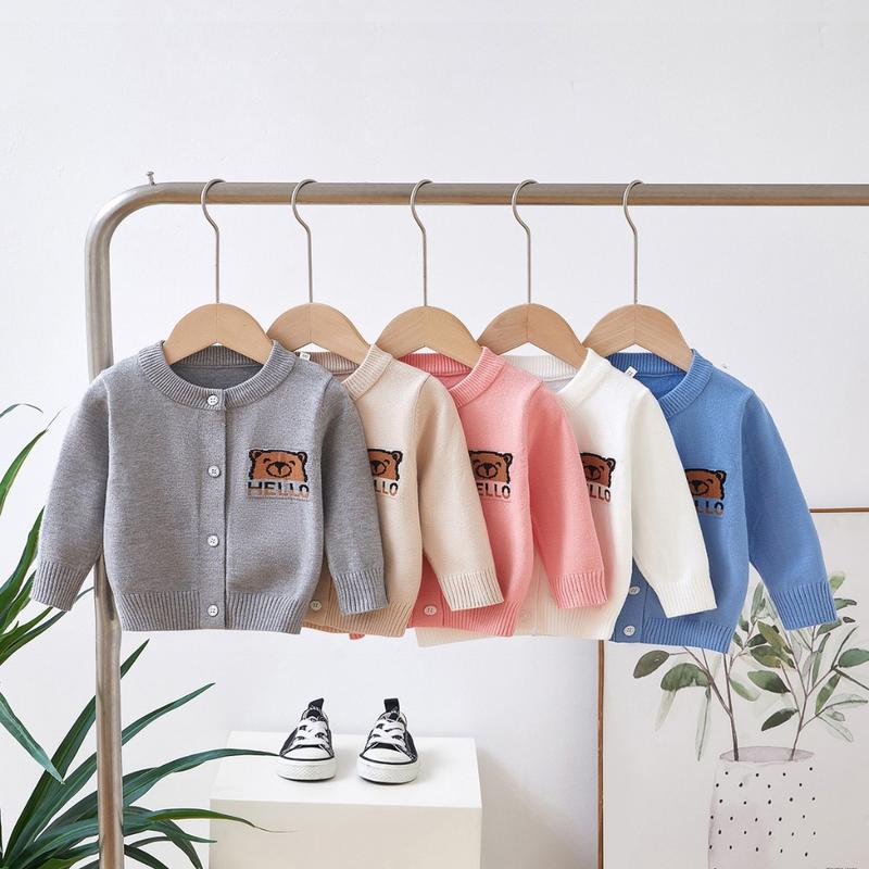 Áo len dài tay cardigan khuy cài dày dặn hình gấu Hàng Quảng Châu cao cấp cho bé trai bé gái mặc thu đông