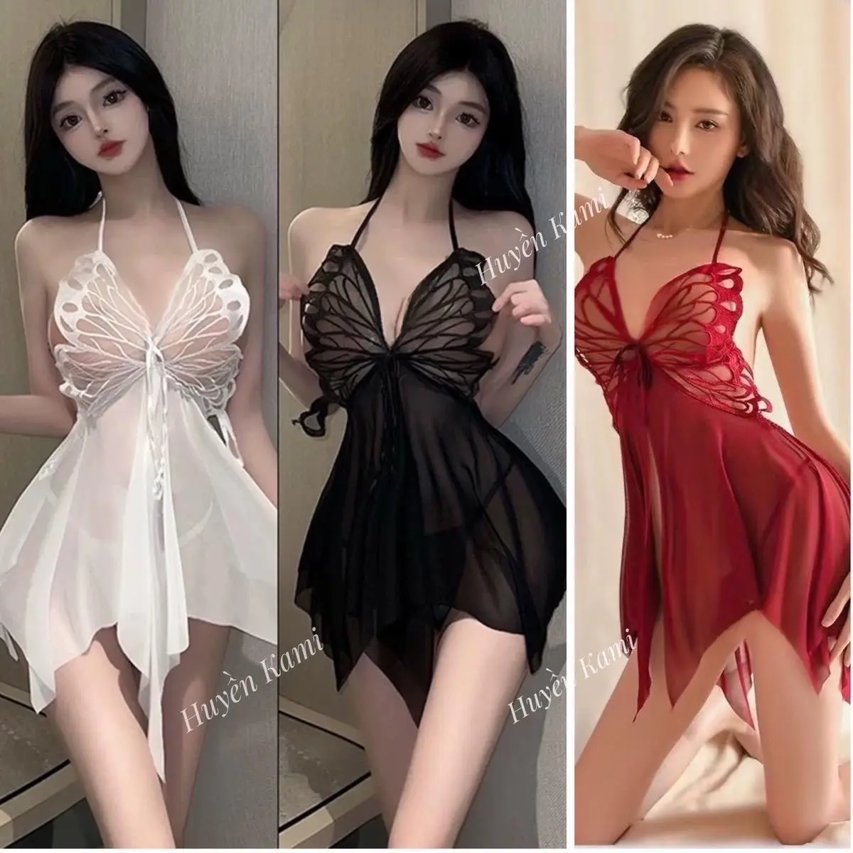 KM226 - Váy Ngủ Ren Họa Tiết Cánh Tiên Xẻ Trước