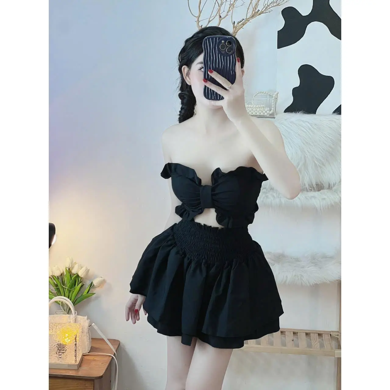 Set đồ nữ sang chảnh áo ống croptop nhún có mút body kèm chân váy ngắn có quần tôn dáng - U009 Women Ong Kem