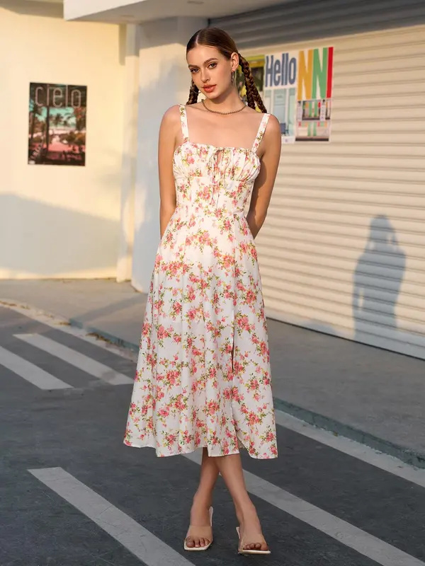 Parthea Off Shoulder Floral Print Boning Tie Front Back Crisscross Tie Up Splite Waist Milkmaid Skirt，Fashionable Summer Outfits for Parties and Vacations, Cami Dress 5