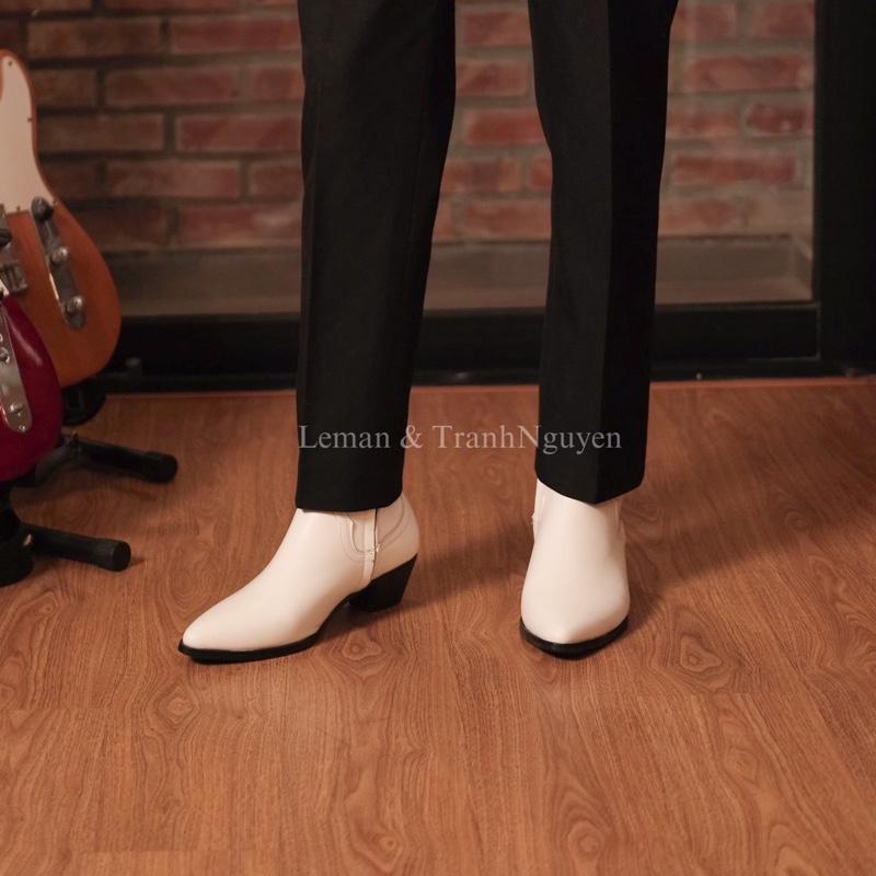 Lukas boots Da Bò trắng Leman&TranhNguyen Đế Gỗ 6cm Mũi Nhọn nam Chelsea Boot GiàY