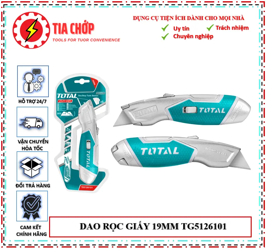 Dao rọc giấy TOTAL TG5126101 Dao cắt tiện dụng kícḣ thước 6x19mm, kèm 6 lưỡi theo dao
